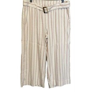 J Jill Linen Stretch Pants Womens M Petite Jenna Striped Belted Wide Leg Crop